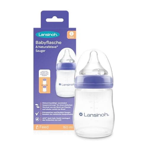 Lansinoh Biberon con tettarella NaturalWave, misura S, 160 ml, design compatto per una maggiore stabilità, con coperchio impilabile