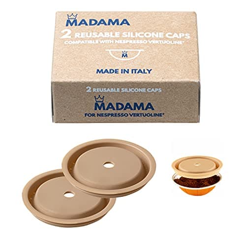 Madama - Tappo Riutilizzabile per le Capsule Nespresso Vertuo e VertuoLine, Ricaricabile e Compatibile. Silicone alimentare. 100% Made in Italy. Confezione da 2 tappi.