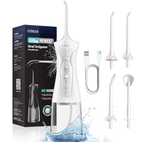 COSLUS Idropulsore Dentale Portatile: 300ml Irrigatore Orale Senza Fili, 4 Modalità Idropulsore Dentale, Vincitore del Test 30 Giorni, Facile da Usare, IPX7 Impermeabile, Bianco