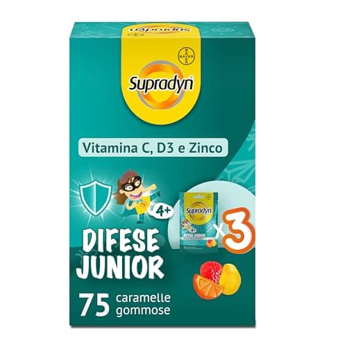 Supradyn Difese Junior Integratore Difese Immunitarie Multivitaminico Vitamine Gommose con Vitamina C, Vitamina D e Zinco per le Difese Immunitarie dei Bambini, 75 Caramelle Gommose