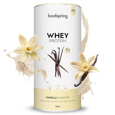 foodspring - Proteine Whey in polvere Vaniglia - Con 23 g di proteine per l'aumento muscolare, perfetta solubilità, ultra-filtrate & ricche di BCAA ed EAA - gusto pieno e delizioso (750 g)