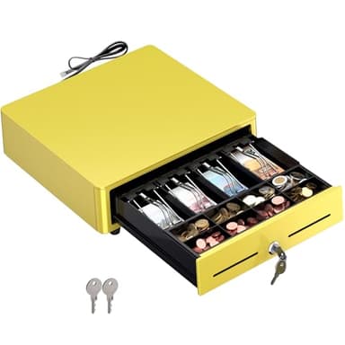 POS VALLEY Cassetto Cassa Piccolo Mini In Ferro con Angoli Rotondi, 4 Scomparti Banconote/ 8 Monete (euro), Apertura Automatica RJ11/12, POS Stampante e Registratore di Cassa - 33x35 cm (Giallo)
