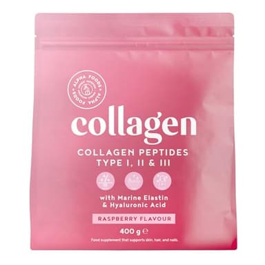 Collagene in Polvere | Collagen Peptides Idrolizzato Puro con Acido Ialuronico | Integratore Collagene da Bere | Colageno Donna e Uomo per Capelli Pelle e Ossa | Lampone | 400g | Alpha Foods