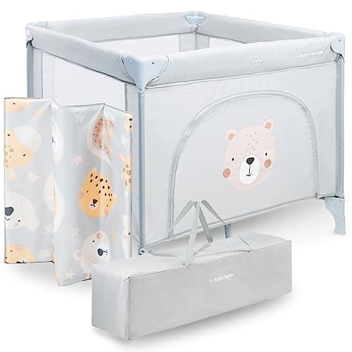 Moby-System Box per Bambini Grande e Pieghevole con Materasso e Borsa per il Trasporto, Telaio Robusto, Ruote di Bloccaggio e Tappetini Antiscivolo - Dimensioni 97 x 100 x 77 cm, Design Orsetto
