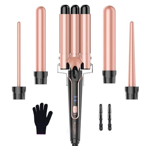 BESTOPE PRO Set Ferro Onda 5 in 1 - Include 3 cilindri in ceramica per creare grandi onde, inclusa regolazione della temperatura, riscaldamento rapido e guanto, 2 clip, oro rosa