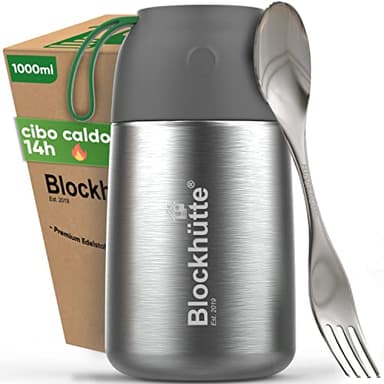 Blockhütte Contenitore Termico per Alimenti Caldi I Capacità 1 Litro I Portapranzo Termico per Adulti e Bambini, Thermos Pasta e Vivande, Lunch Box Isotermico con Borsa, Senza BPA, Termos Caldo 14 Ore