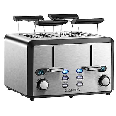 Steinborg Tostapane XXL, 4 tostapane, macchina per tostapane XXL, 1600 Watt, controllo abbronzatura a 6 livelli, 2 inserti per panini, funzione scongelamento, 2 cassetti per briciole, acciaio inox, 4