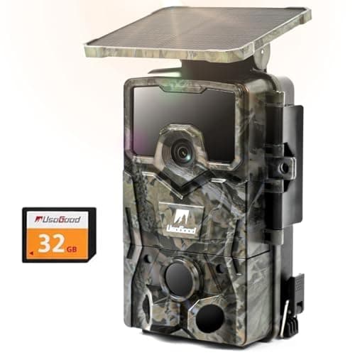 usogood Fototrappola Solare 4K 48 MP, Batteria al Litio da 2600 mAh Integrata, Fototrappola Notturna con Visione Notturna Attivata dal Movimento, Includere Scheda di Memoria da 32 GB IP66 Impermeabile