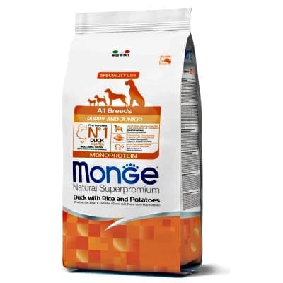 Monge Natural Superpremium Puppy and JUNIOR Duck, Rice and Potatoes, cibo per cani per tutte le razze (cibo secco per cani con anatra, riso e patate, molto ricco di fibre e vitamine, 12 kg)