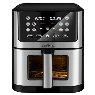 Lehmann Friggitrice ad aria calda LHODF-1880B XXL 8 litri, friggitrice ad aria calda 1800 W con regolazione della temperatura fino a 200 °C, friggitrice ad aria calda con 10 programmi, timer, cibo