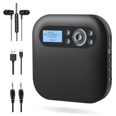 DESOBRY Lettore CD Portatile con Bluetooth e Altoparlanti, Discman CD Player Ricaricabile per Auto con FM, Anti-Skip, Schermo LCD, Lettore CD Portatile con Doppio Jack per Cuffie