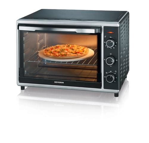SEVERIN TO 2058 Forno Elettrico 42 L da 1800W, Forno Elettrico Ventilato con pietra refrattaria per pizza, luce interna, girarrosto, teglia, leccarda, da 60 a 230°, nero/argento
