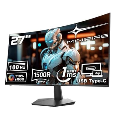 Minifire 27 Pollici 100Hz Curvo Gaming Monitor, Full HD 1080P da PC Schermo,Speaker Integrati Monitor 1500R Senza Cornice per Computer con FreeSync e Tecnologia Eye Care, VESA, HDMI 1.4,Type-C 2.5W