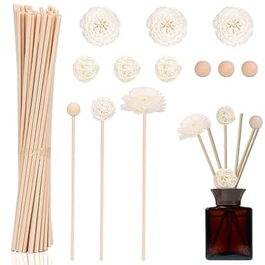 Bastoncini di Diffusore a Lamella Naturali, Bastoncino Diffusore Bastoncino di Rattan Reed Diffusores Sticks con Decorazion di Palline di Rattan di Olio Essenziale per l'home Office(50pcs)