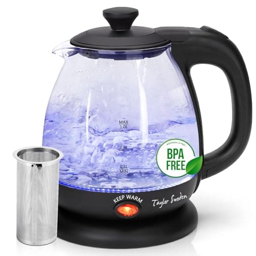 Taylor Swoden Abel - Bollitore Elettrico da 1 Litro, Bollitore in Vetro Borosilicato 2200W, Luce Led, funzione di Mantenimento Caldo, Con Infusore e Filtro Rimovibile, Teiera BPA-Free