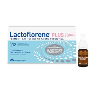 LACTOFLORENE Plus Bimbi, Fermenti Lattici, Probiotici, Senza Glutine Senza Lattosio - Integratori Bambini con Probiotici, Zinco, Vitamina B per l’Equilibrio della Flora Intestinale (12 Flaconcini)