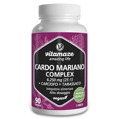 Complesso Cardo Mariano 6000mg (3 Mesi) Tarassaco e Carciofo, in dosi elevate, estratto con 80% di silimarina, integratore alimentare naturale Depurativo Fegato, 90 capsule vegane. Vitamaze®