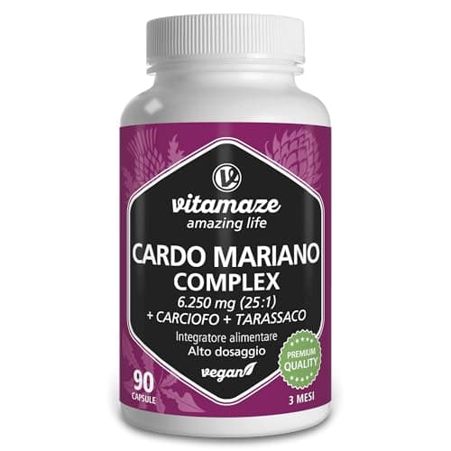 Complesso Cardo Mariano 6000mg (3 Mesi) Tarassaco e Carciofo, in dosi elevate, estratto con 80% di silimarina, integratore alimentare naturale Depurativo Fegato, 90 capsule vegane. Vitamaze®