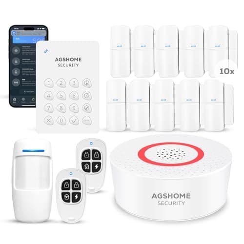 AGSHOME Sistema di Allarme Casa Senza Fili, Promemoria App push, Kit allarme Wi-Fi DIY con 1 sirena, 10sensori, 2 telecomandi e 1 sensore di movimento, 1 tastiera, Antifurto Casa lavora con Alexa