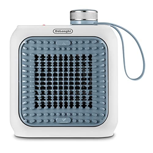 De'Longhi Capsule Desk, Termoventilatore Ceramica, Mini Termoventilatore Silenzioso, Design Funzionale, Griglia Orientabile, Termostato di Sicurezza, Portatile e Ideale su Scrivania, 350W, Azzurro