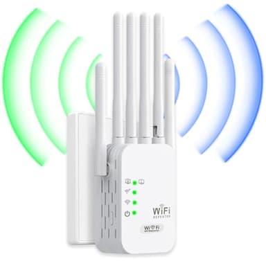 Ripetitore WiFi, RipetitoreWiFi potente amplificatore di segnaleWiFi con 6 antenne, 2 porte LAN/modalità router/AP. Copertura fino a 1200 metri quadrati, adatto sia per la casa che