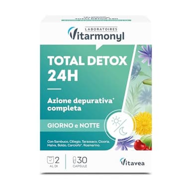 Total Detox 24H - Drenante Forte e Veloce - Depurativo Fegato e Intestino - Azione Detox Giorno e Notte - Stimola Metabolismo e Digestione - 30 Capsule - Vitarmonyl