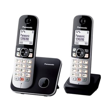 Panasonic KX-TG6852JTB Telefono Cordless Digitale, Unità Base e 2 Ricevitori, ID Chiamante, Blocco Chiamate Indesiderate, Suoneria Categoria, Display LCD, Tastiera Illuminata, Nero