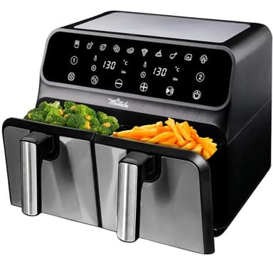 La Moustache - Friggitrice Senza Olio 8L ad Aria Calda 1700W con E-Book di Ricette, 2 Cestelli Separati, 10 Programmi, Timer, Griglie Antiaderenti, 6 in 1, Frigge/Griglia/Riscalda (DuoFry Gray)