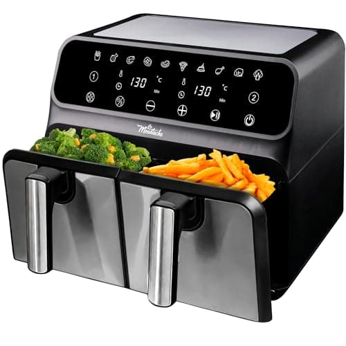 La Moustache - Friggitrice Senza Olio 8L ad Aria Calda 1700W con E-Book di Ricette, 2 Cestelli Separati, 10 Programmi, Timer, Griglie Antiaderenti, 6 in 1, Frigge/Griglia/Riscalda (DuoFry Gray)