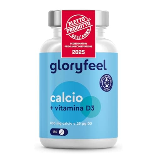 Integratore Calcio e Vitamina D3, 180 Compresse, Eletto PRODOTTO DELL'ANNO 2025, (Scorta per 3 Mesi), Calcio 800 mg e Vitamina D3 25µg, Integratore per il Supporto delle Ossa*, Senza OGM