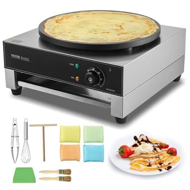 VEVOR Crepiera Elettrica, Macchina per Crepes Commerciale a Testa 406 mm, Piastra Crepes Piastra Piana 1700 W, Macchina in Acciaio Inox Antiaderente, Fornello Circolare, Controllo per Temperatura