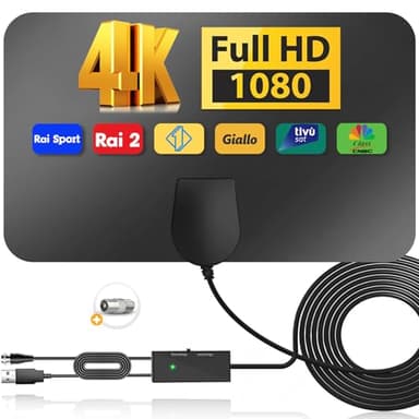 Yowrepu Antenna TV Interna, 2025 Nuova Antenna TV Digitale Terrestre per 4K/ 1080P HDTV, Antenna da Interno Amplificata Potente può ricevere segnali DVB-T2 fino a 380 km, con 5 m cavo coassiale - Nero