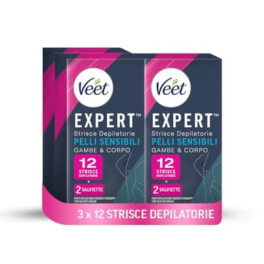 Veet Expert Strice Depilatorie Gambe e Corpo, Ceretta per Pelli Sensibili con Olio di Mandorla, Dermatologicamente Testate, 36 Strisce (3x12 Strisce) + 6 Salviette Post-Epilazione con Olio D'Argan