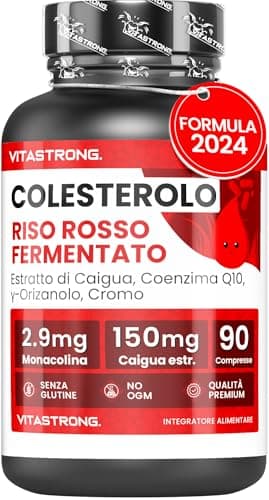 Riso Rosso Fermentato Colesterolo Vitastrong, 2,9 mg di Monacolina K, Integratori Colesterolo con CoQ10, Caigua, γ-Oryzanol, Policosanolo, e Cromo, 90 Compresse Riso Rosso Fermentato (Red Yeast Rice)