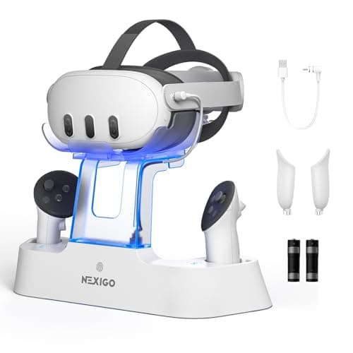 NexiGo Charging Dock potenziato con Luce a LED [On/off] per Oculus Quest 3, [Supporto per Elite Strap con Batteria], Supporto per Mostra Headset e Controller, Batterie Ricaricabili