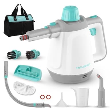 HAUSHOF Pulitore a Vapore Portatile, Serbatoio dell'acqua da 450 ml con 8 Accessori per la Rimozione delle Macchie, Pulitore a Vapore Manuale Portatile per Divano, Cucina, Pavimento, Bagno, Auto
