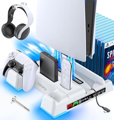 OIVO Supporto per PS5/Slim/Pro con Ventola di Raffreddamento, Ricarica Controller PS5, PS5 Supporto Verticale con Indicatori LED e Conservazione per 14 Giochi per Playstation 5