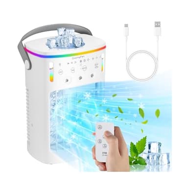 Climatizzatore mobile, mini condizionatore d'aria per stanza, 4 in 1, con raffreddamento ad acqua, 1000 ml, senza tubo di scarico, condizionatore d'aria portatile con 3 modalità e luce colorata per