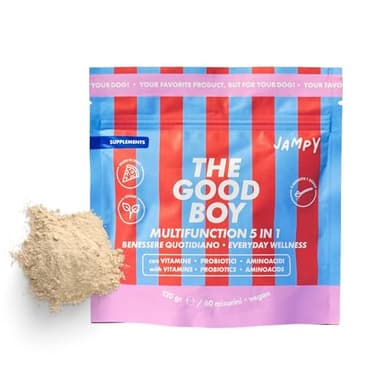 JAMPY Multivitaminico Integratore Per Cani. Contiene Glucosamina per Ossa, Biotina per Pelle e Manto, Triptofano per Stress, Fermenti Lattici e Prebiotici per Digestione, Vitamine e Minerali.