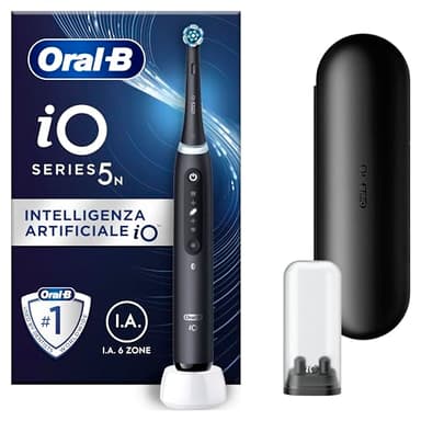 Oral-B Spazzolino Elettrico Ricaricabile iO 5N, Sensore di Pressione, Intelligenza Artificiale, 5 Modalità di Spazzolamento, 1 Testina, 1 Spazzolino, 1 Custodia da Viaggio, Nero, Idea Regalo