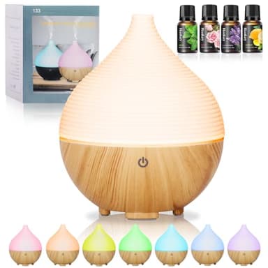 BUOAZR Diffusore di Oli Essenziali, 160ml Diffusore di aromi, Spegnimento Automatico Senza Acqua e 7 Colori LED con 4x10ml Oli Essenziali Diffusori, Ultrasuoni Umidificatore per Casa, Ufficio, Spa
