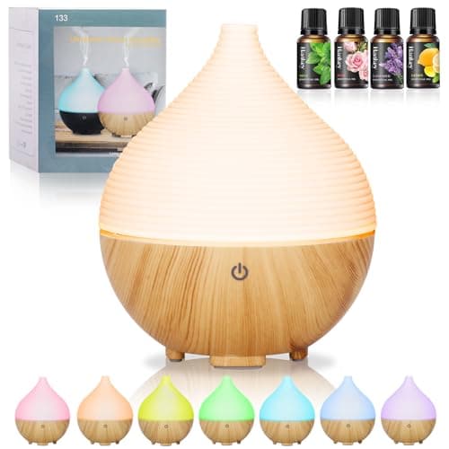 BUOAZR Diffusore di Oli Essenziali, 160ml Diffusore di aromi, Spegnimento Automatico Senza Acqua e 7 Colori LED con 4x10ml Oli Essenziali Diffusori, Ultrasuoni Umidificatore per Casa, Ufficio, Spa