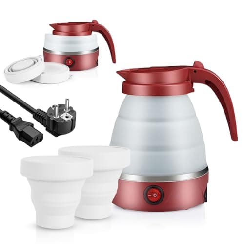Bollitore pieghevole, 600 ml, bollitore da campeggio e 2 bicchieri pieghevoli, gadget da viaggio, bollitore elettrico portatile per campeggio – Travel Kettle (rosso)