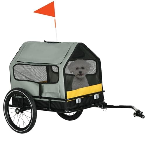 PawHut Rimorchio per Cani 3 in 1 con Casetta per Cani, Rimorchio Bici e Rimorchio per Cani Taglia Piccola, Bandierina e Catarifrangenti, Grigio
