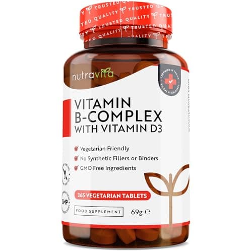 Vitamina B Complex Alto Dosaggio con D3-365 Compresse (1 Anno) - Complesso Vitamine B con Biotina, Acido Folico, Metilcobalamina e Vitamina D3 - Integratore B1 B2 B3 B5 B6 B7 B9 e B12 - Nutravita