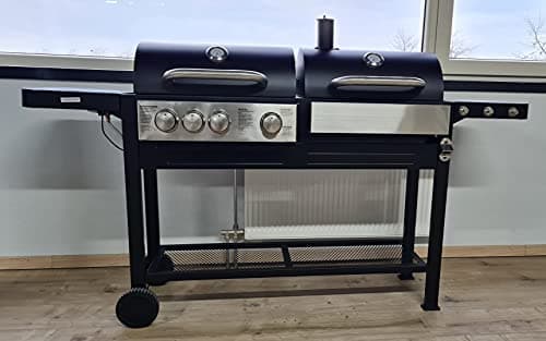 Griglia combinata, barbecue a gas 3 + 1, bruciatore e barbecue a carbonella, larghezza 185 cm, profondità 53 cm, altezza 116 cm, altezza griglia 85 cm