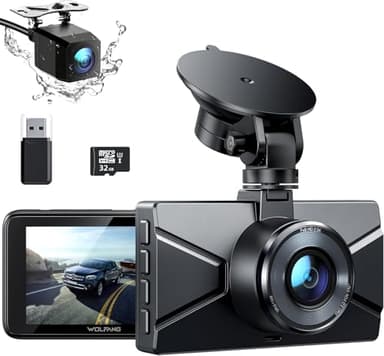 WOLFANG 2.5K Doppia Dashcam, Scheda SD 32G, Dash Cam Auto IPS 3" con Grandangolo di 310°, 1440P+1080P FHD Telecamera, Visione Notturna,G-Sensor, WDR, Monitor di Parcheggio, Registrazione in Loop