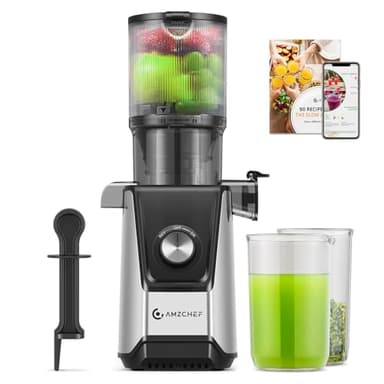 AMZCHEF 200W Estrattore con 108MM Scivolo di Alimentazione Largo Per Frutta e Verdura Intera - Anti Goccia Estrattore Frutta e Verdura Lento con Funzione Inversa e Filtro a Doppio Lato
