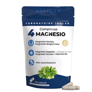 INOLAB Magnesio Completo 1980mg + B6 | 4 Forme Sinergiche: Magnesio Bisglicinato, Malato, Vegetale, Taurina Chelata | Alta Assimilazione e Tolleranza | 120 Capsule Senza Magnesio Marino