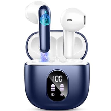 Cuffie Bluetooth, 2025 Auricolari Bluetooth 5.3 con Stereo HiFi, Cuffie Wireless in-ear con 4 ENC Mic, Cuffiette Bluetooth LED Display Cuffie Senza Fili Touch Control Earbuds 50H per Android iOS Blu